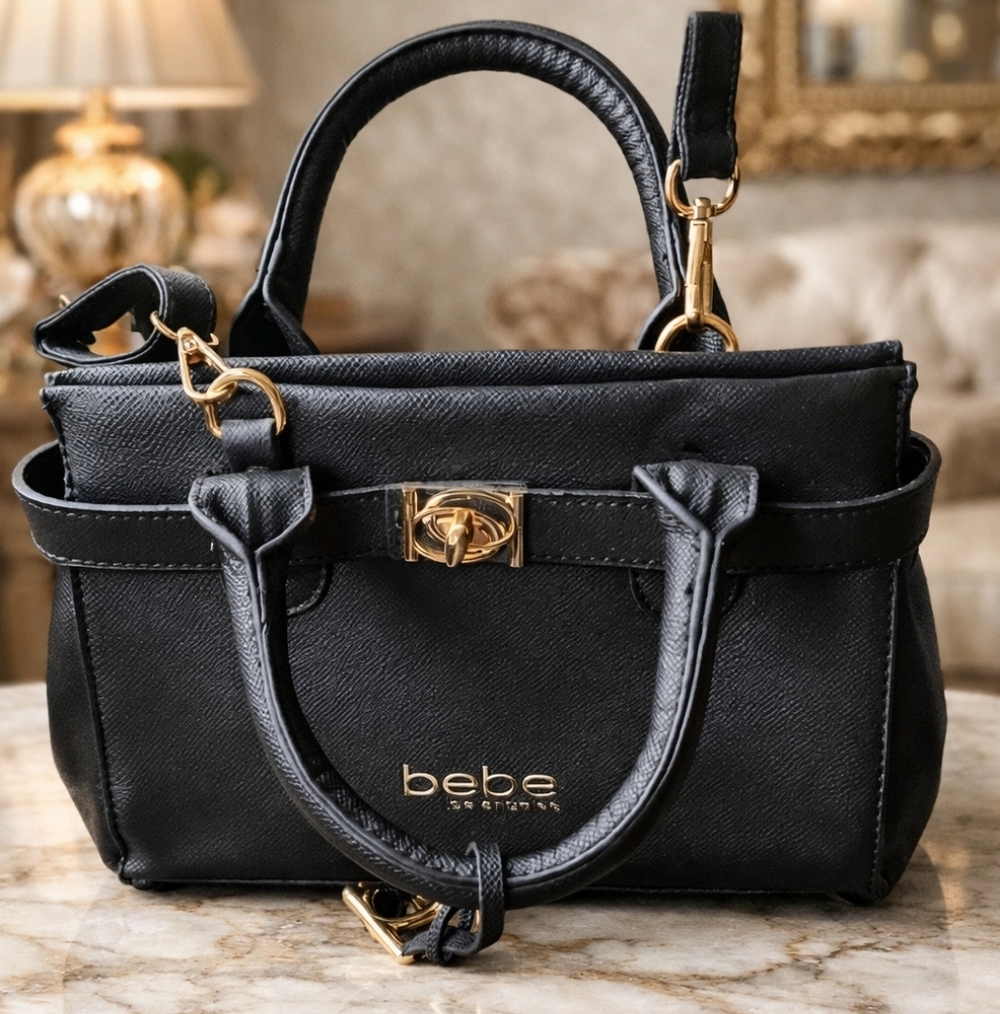 Bebe Black Satchel with Gold Accents Slightly Used Small Size - Picture 1 of 5